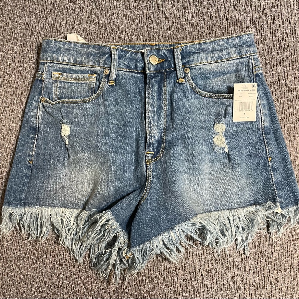 Good American Light Blue Distressed Fringed Denim Shorts
